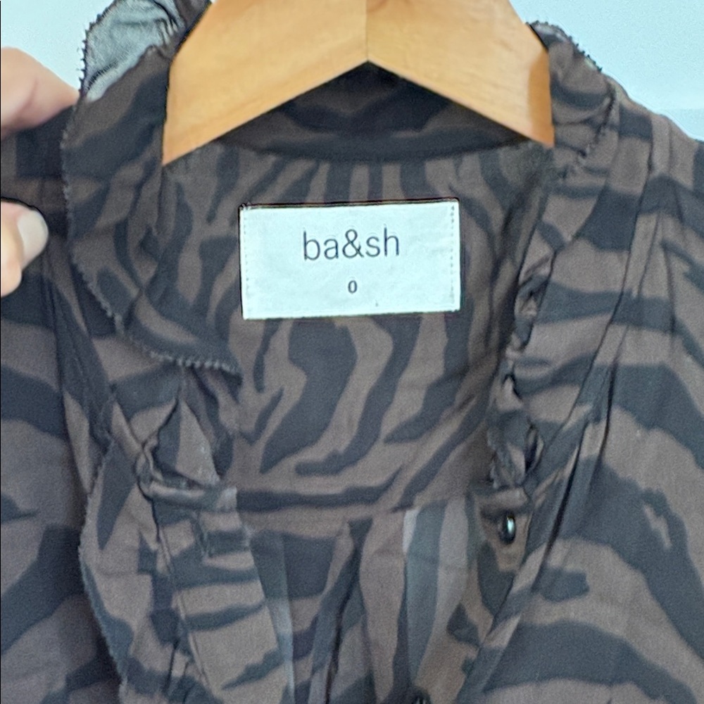 ba&sh Black and Brown Zebra-Print Ruffled Button Silk sheer Blouse, size 0 xs